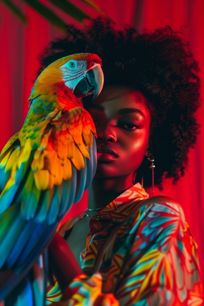 Gratis foto medium shot vrouw poseert met papegaai
