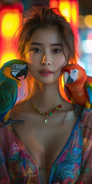 Medium shot vrouw poseert met papegaai