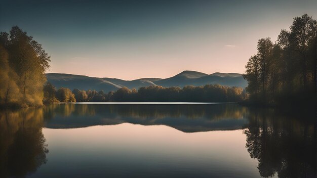 Meer in de bergen bij zonsopgang 3D-rendering Digitale computertekening