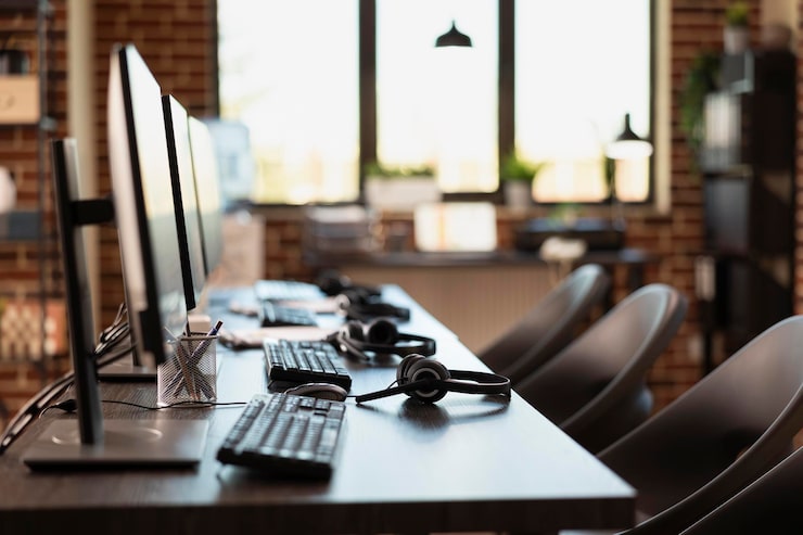 Gratis Foto meerdere computers in een lege werkruimte