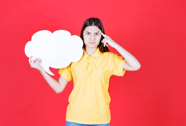 Meisje in gele dresscode met een infobord in de vorm van een wolk en kijkt verward of bedachtzaam