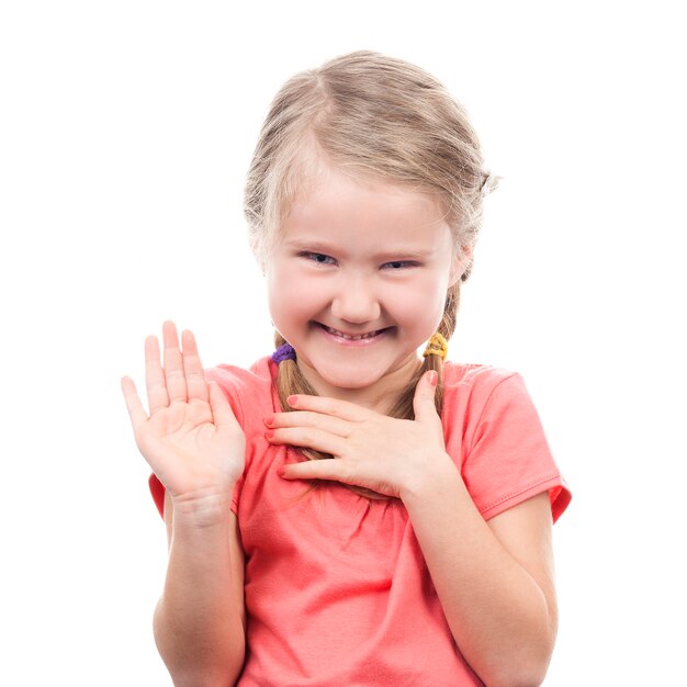 Meisje met haar hand, geïsoleerd op wit