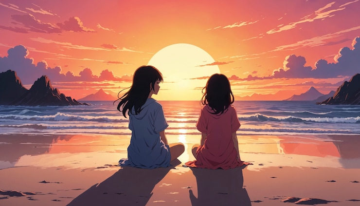 Gratis Foto meisjes die op het strand zitten en naar de zonsondergang kijken.