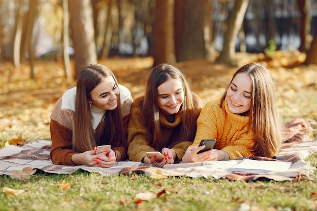 Meisjes zitten op een deken in een herfst park