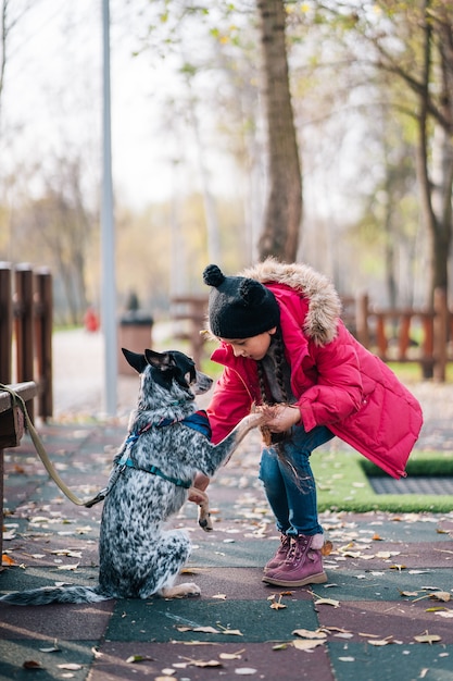 Meisjeskind het spelen met hond in de herfst zonnig park