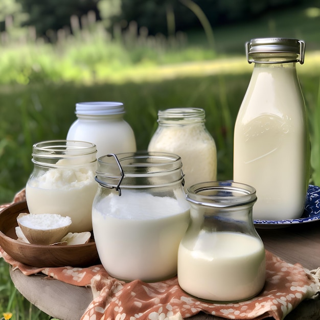 Melk in glazen potten op een houten tafel in de natuur