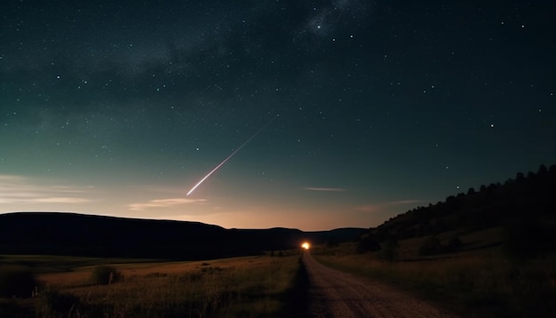 Gratis foto melkweg verlicht sterrenspoor boven rustig berglandschap gegenereerd door ai