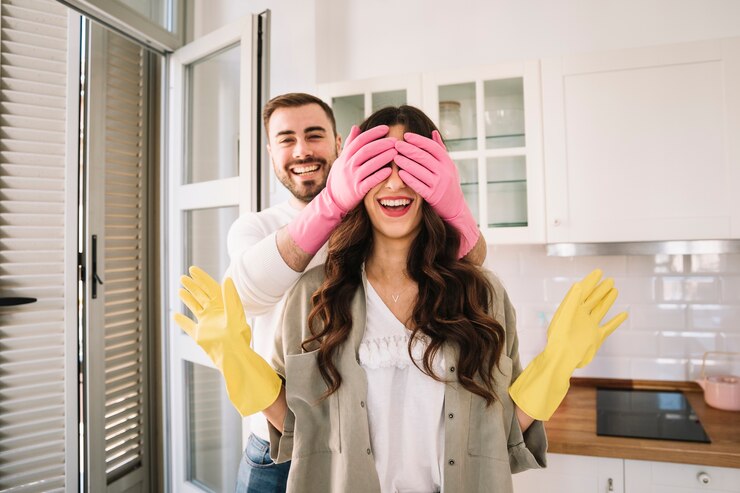 Gratis Foto mens in handschoenen die ogen sluiten aan meisje