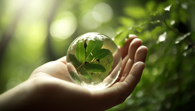 Menselijke hand met groen blad dat symbool staat voor milieubewustzijn gegenereerd door AI