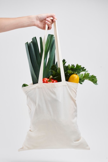 Menselijke hand met zak verse groente