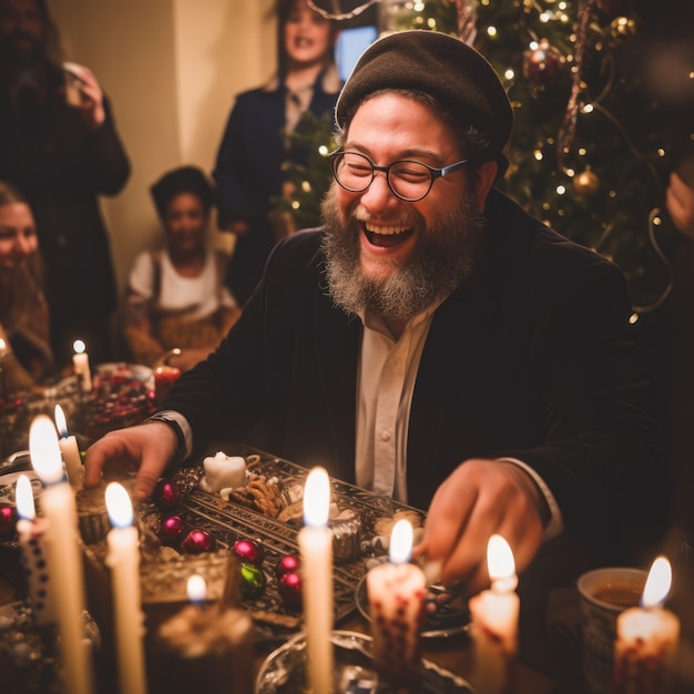 Gratis foto mensen aan de hanukkah-etafel met heerlijk eten.