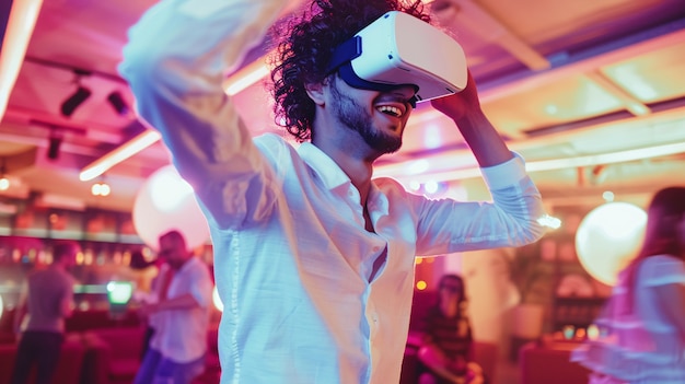 Gratis foto mensen dansen omringd door heldere neonlichten op een feestje met een virtual reality headset