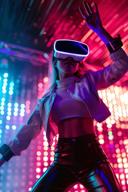 Gratis foto mensen dansen omringd door heldere neonlichten op een feestje met een virtual reality headset