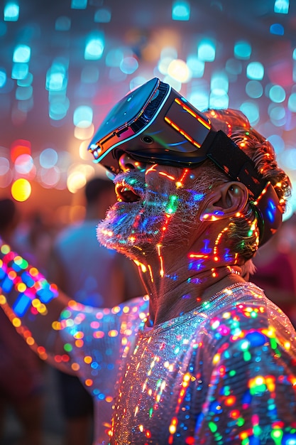 Gratis foto mensen dansen omringd door heldere neonlichten op een feestje met een virtual reality headset