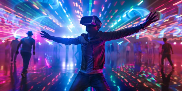 Mensen dansen op een immersief feest met een virtual reality headset en heldere neonkleuren