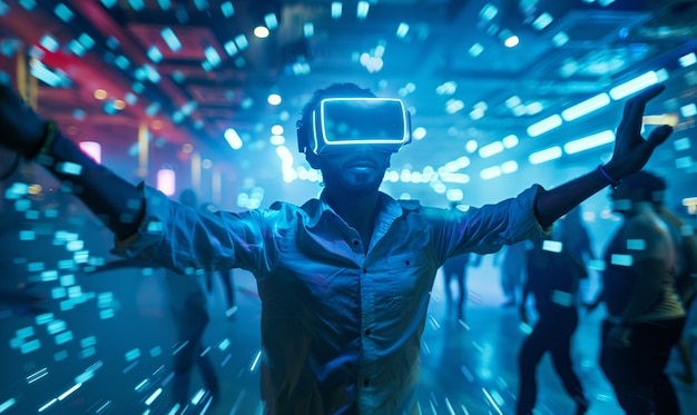 Mensen dansen op een immersief feest met een virtual reality headset en heldere neonkleuren