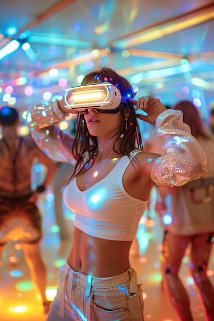 Gratis foto mensen dansen op een immersief feest met een virtual reality headset en heldere neonkleuren