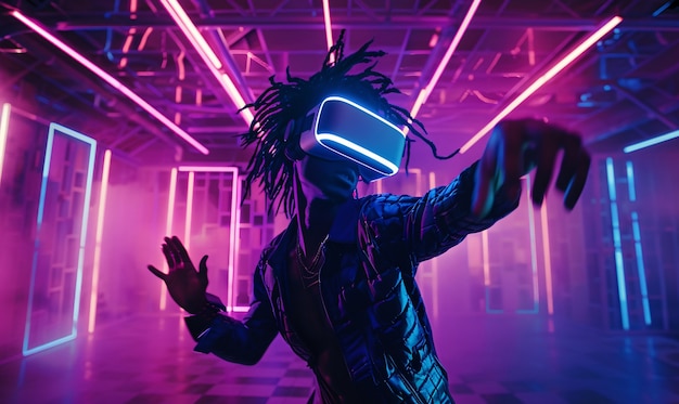 Gratis foto mensen dansen op een immersief feest met een virtual reality headset en heldere neonkleuren