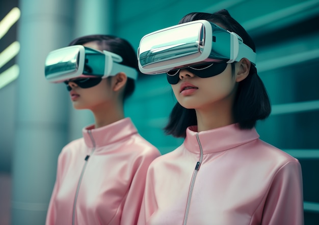 Mensen die futuristische hightech virtuele realiteitsbril dragen