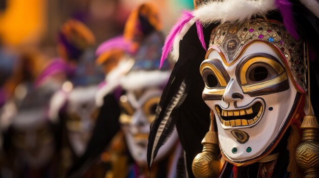 Mensen die oudejaarsavond vieren met traditionele maskers