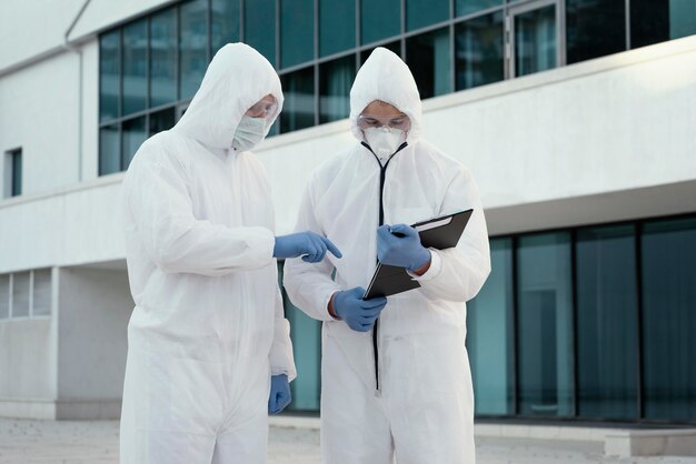 Mensen die preventiepakken dragen tegen een biologisch gevaar