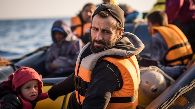 Gratis foto mensen die reddingsvesten dragen tijdens een migratiecrisis