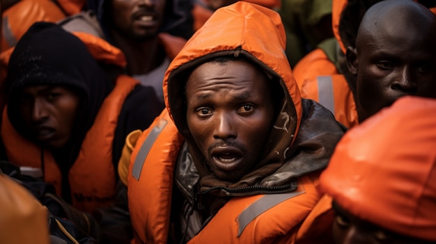 Gratis foto mensen die reddingsvesten dragen tijdens een migratiecrisis
