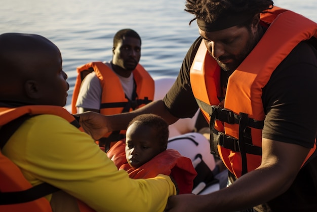 Mensen die reddingsvesten dragen tijdens een migratiecrisis