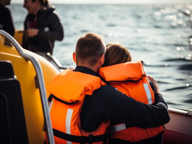 Mensen die reddingsvesten dragen tijdens een migratiecrisis