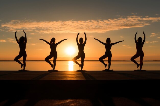 Mensen doen yoga bij zonsondergang