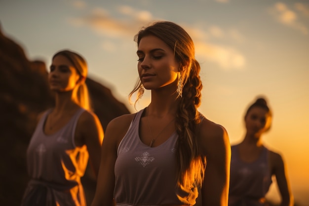 Mensen doen yoga bij zonsondergang