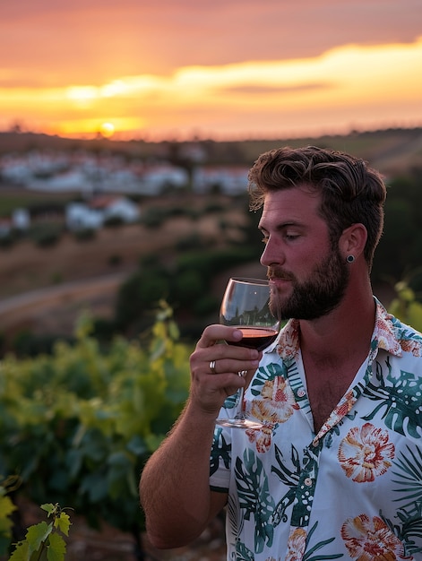 Gratis foto mensen genieten van een glas wijn in een wijngaard met uitzicht op de zonsondergang