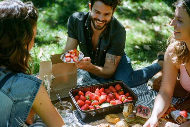Mensen genieten van een zomerdag picknick samen in de open lucht