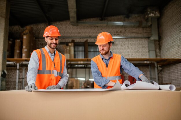 Mensen in veiligheidsuitrusting aan het werk