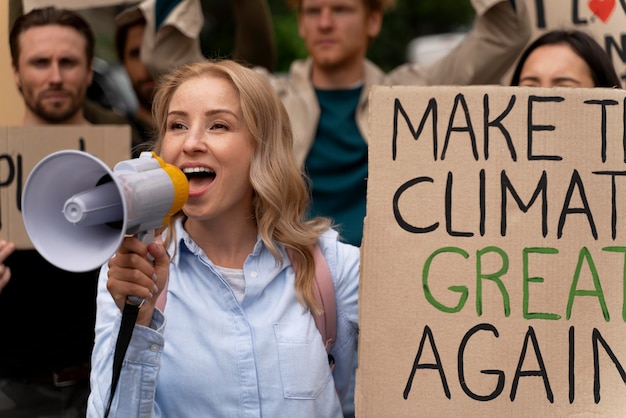 Mensen marcheren in protest tegen de opwarming van de aarde