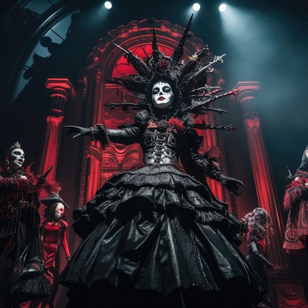 Mensen met gotische kostuums en make-up die drama spelen voor de Wereld Theaterdag