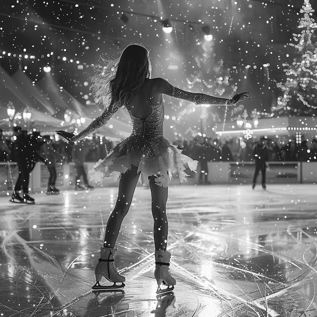 Mensen schaatsen in zwart-wit.