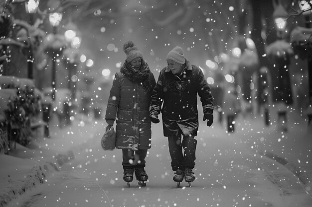 Mensen schaatsen in zwart-wit.