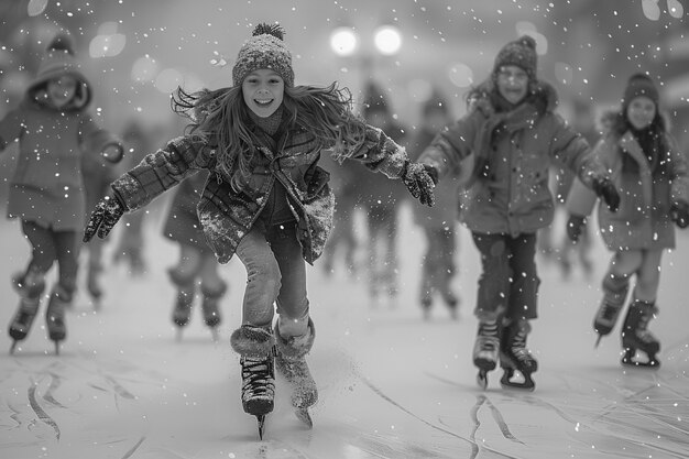 Mensen schaatsen in zwart-wit.