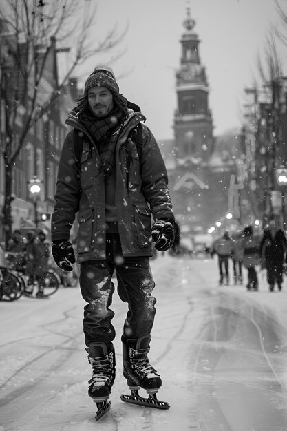 Mensen schaatsen in zwart-wit.