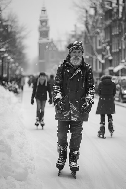 Mensen schaatsen in zwart-wit.