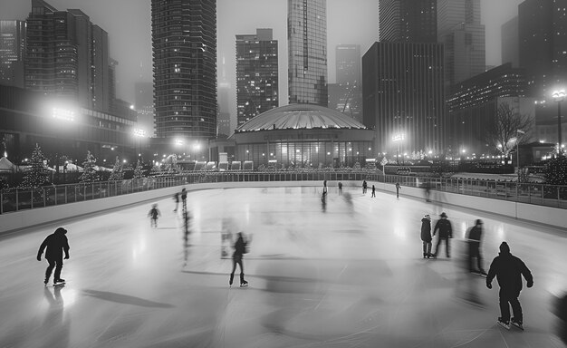 Mensen schaatsen in zwart-wit.