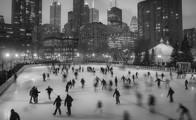 Mensen schaatsen in zwart-wit.