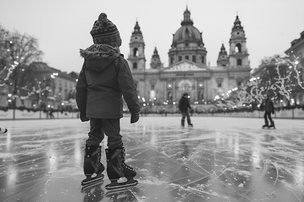 Mensen schaatsen in zwart-wit.