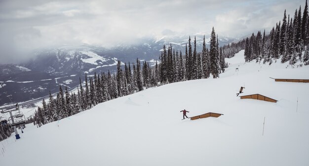 Gratis foto mensen skiën op besneeuwde alpen in skigebied