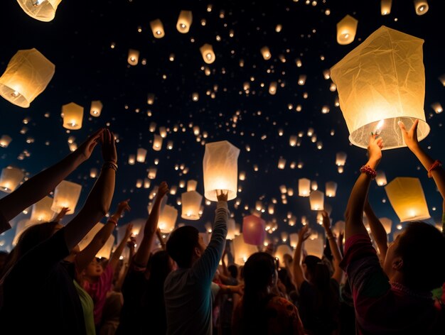 Mensen vieren oudejaarsavond met lantaarns