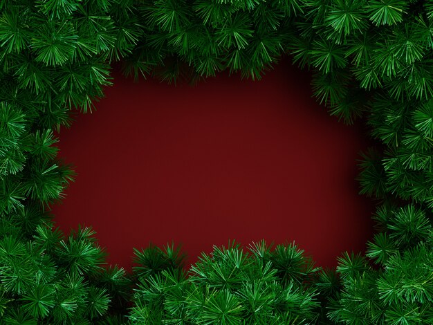 Merry Christmas frame compositie met pijnboomtakken Bovenaanzicht. Nieuwjaar frame mockup met kopie ruimte 3D-rendering