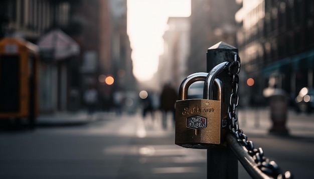 Gratis foto metalen hangslot beveiligt hek in bruisend stadsbeeld gegenereerd door ai