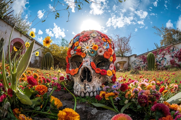 Gratis foto mexicaanse schedel met prachtige bloemen