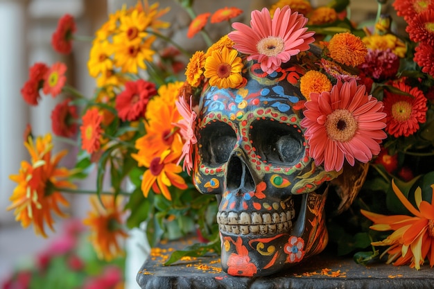 Gratis foto mexicaanse schedel met prachtige bloemen